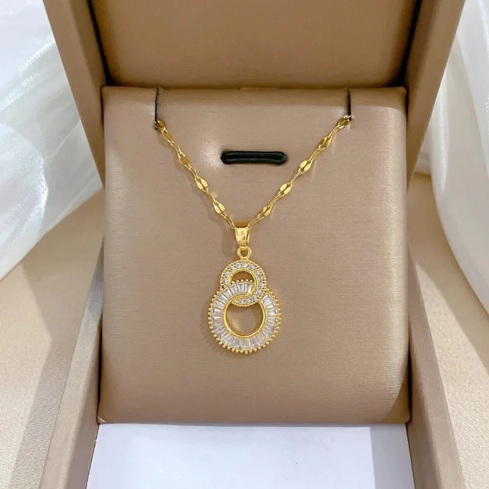 NEW 14K Yellow Gold Eternity Circles Crystal Luxury Necklace